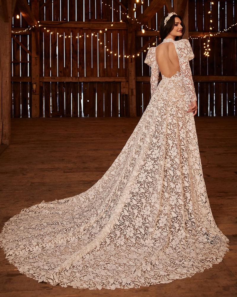 Lp2241 high neck boho wedding dress with long puff sleeves and a line silhouette2